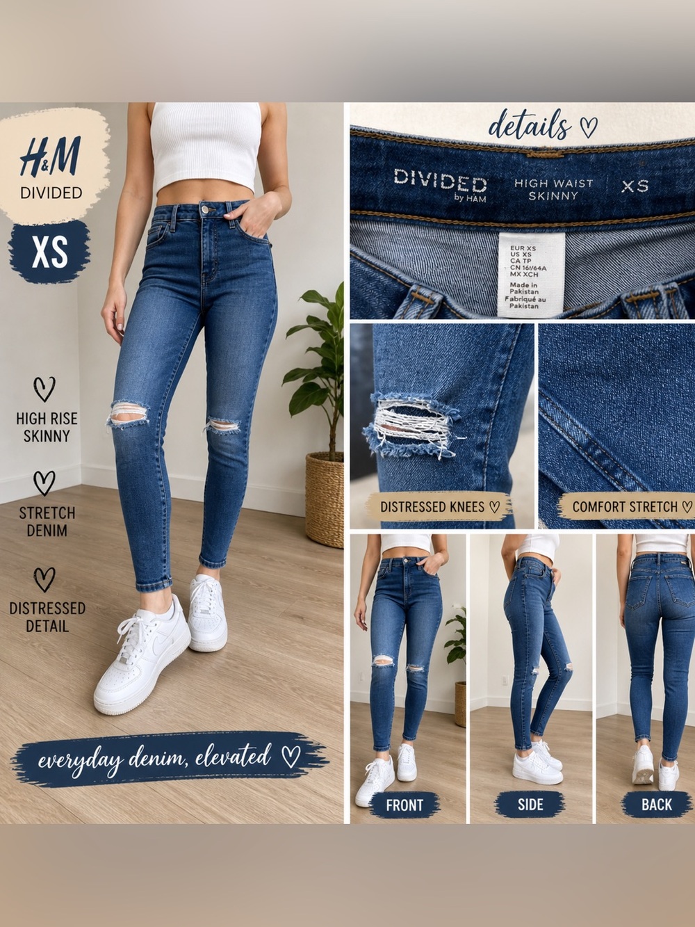H&M Divided Skinny Jeans XS Blue Distressed Stretch Denim High Rise